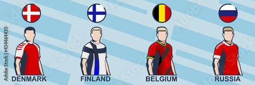 Football jersey 2021. Denmark, Finland, Belgium, and Russia. Icon football jersey vector illustration.