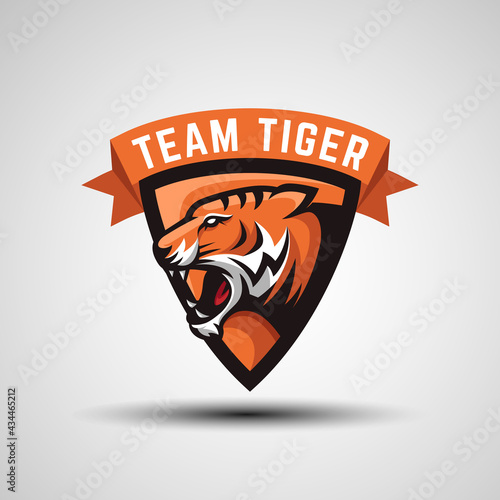 emblem logos of tiger face with shield for e sport team or gaming logo design, vector template