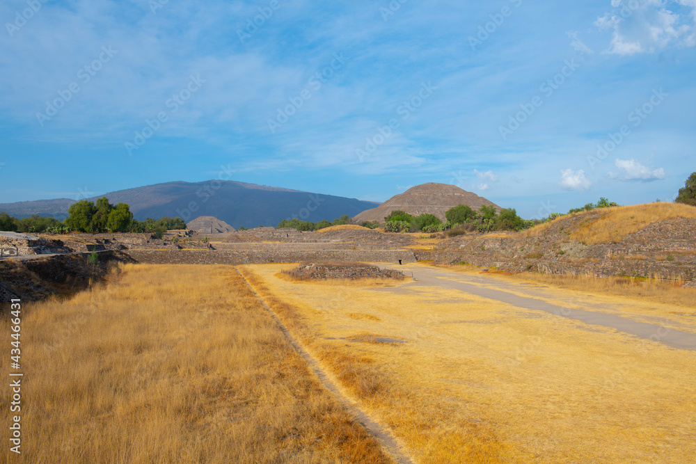 Pyramid of the Sun and Moon from Avenue of the Dead in Teotihuacan in city of San Juan Teotihuacan, State of Mexico, Mexico. Teotihuacan is a UNESCO World Heritage Site since 1987. Pyramid of the Sun and Moon from Avenue of the Dead in Teotihuacan in city of San Juan Teotihuacan, State of Mexico, Mexico. Teotihuacan is a UNESCO World Heritage Site since 1987.