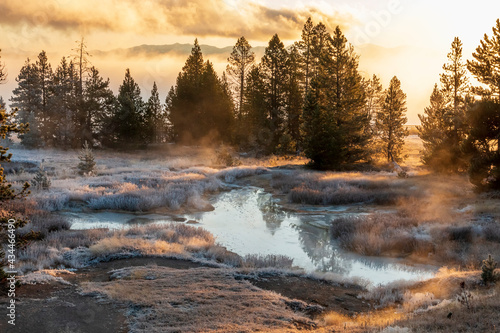 dramatic frosty and foggy autumn morning covering the yellowstone lake , hot sprinngs and cones in the West Thumb Geyser basin in Yellowstone national park in Wyoming.