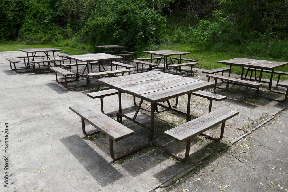 Unused extra picnic tables stored during quarantine