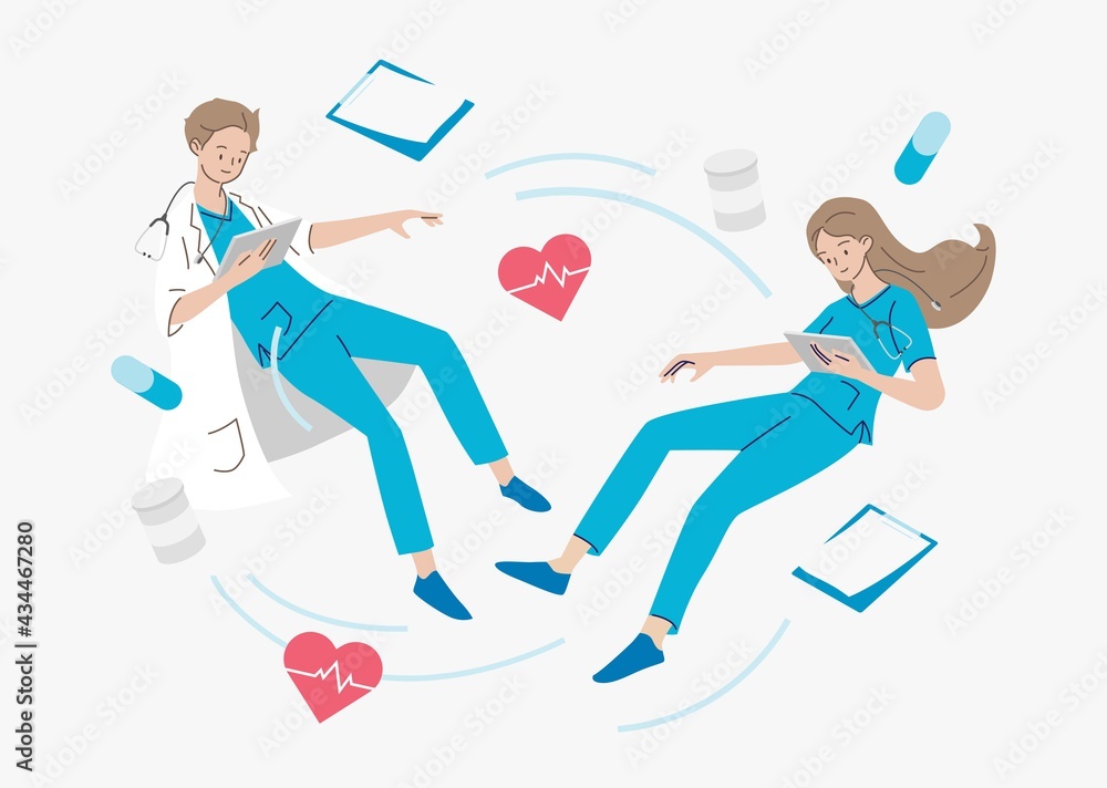 Fototapeta premium Doctor floating in the air with medical supply. Health care and medical concept. Hand draw style. Vector illustration.