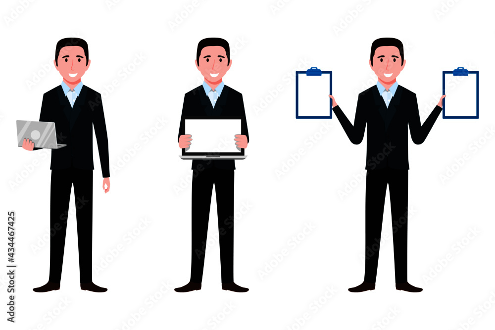 Businessman character wearing business outfit standing with laptop blank screen clipboard Businessman character wearing business outfit standing with laptop blank screen clipboard