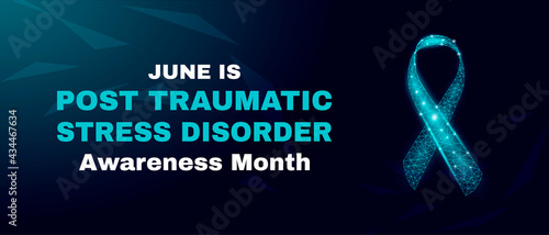 Post-Traumatic Stress Disorder Awareness Month concept. PTSD banner template with glowing low poly. Futuristic modern abstract. Isolated on dark background. Vector illustration.