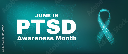 Post-Traumatic Stress Disorder Awareness Month concept. PTSD banner template with glowing low poly. Futuristic modern abstract. Isolated on dark background. Vector illustration.