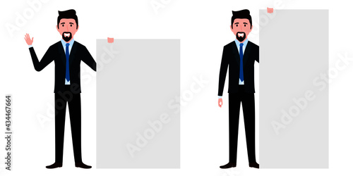 Businessman characters wearing business outfit standing with blank presentation board and blank placard holding