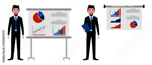 Businessman characters wearing business outfit standing with sales presentation board with graph chart  files and pointing