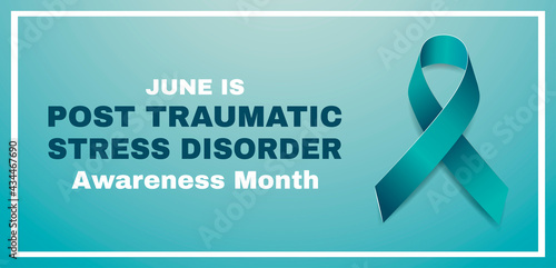 Post-Traumatic Stress Disorder Awareness Month concept. PTSD banner template teal ribbon. Vector illustration.