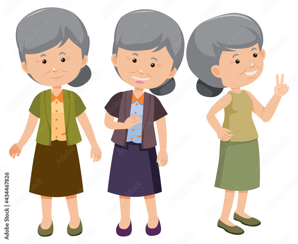 Set of old woman cartoon character with different positions Set of old woman cartoon character with different positions