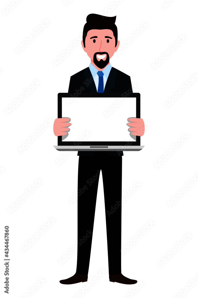 Businessman character wearing business outfit standing with laptop blank screen Businessman character wearing business outfit standing with laptop blank screen