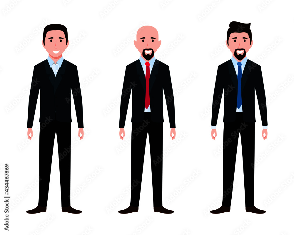 Businessman characters team wearing business outfit standing and posing with cheerful expression Businessman characters team wearing business outfit standing and posing with cheerful expression