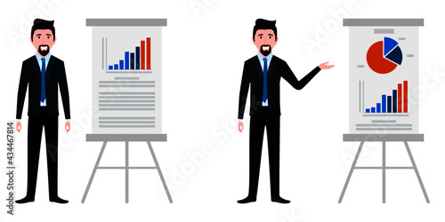 Businessman characters wearing business outfit standing with sales presentation board with graph chart and pointing