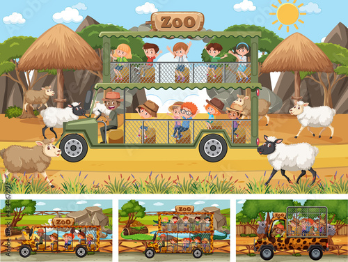 Different safari scenes with animals and kids cartoon character