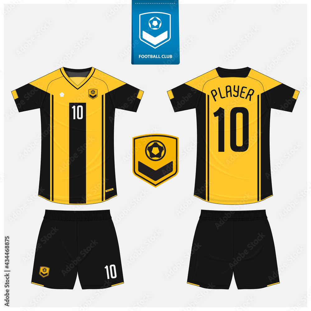 Yellow and Black soccer jersey or football kit mockup template design for  sport club. Soccer logo in flat design. Vector. Stock Vector | Adobe Stock