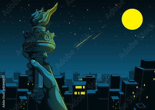 Hand of the Statue of Liberty, independence day, Night City Background, Comic background, illustration of buildings.