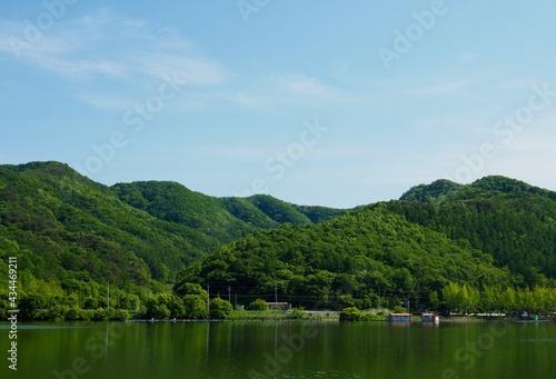 한국 여름의 산과 호수, 녹색, 환경 
