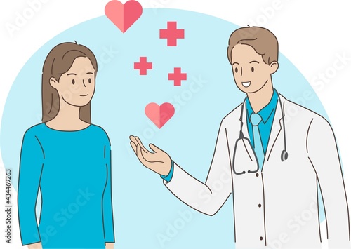 Doctor is giving advice to patients at clinic in healthcare and medical concept. Hand draw style. Vector illustration.