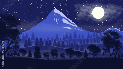 night landscape with moon and stars, illustration of hills and mountain with different types of trees