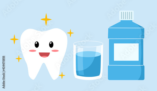 Mouthwash with cleaned and shiny teeth in flat design. Dental care. Oral hygiene.