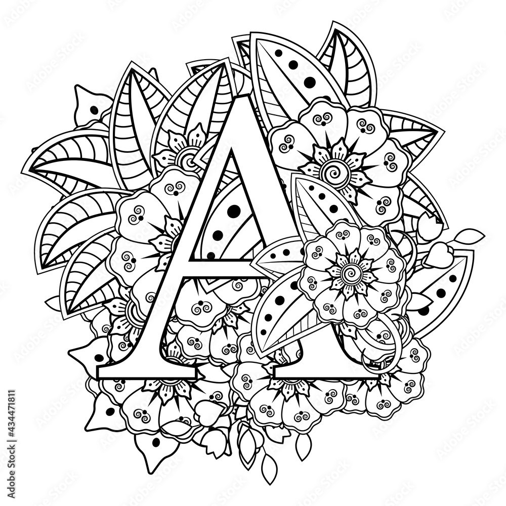Letter A with Mehndi flower. decorative ornament in ethnic oriental style. coloring book page. 