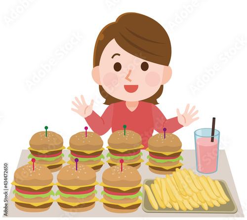 大食いでハンバーガーを大量に食べる女性　イラスト