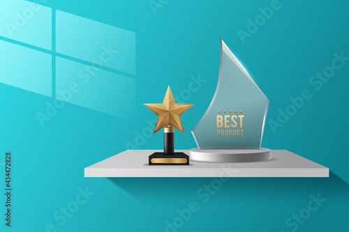 Glass award trophy or winner prize realistic vector illustration