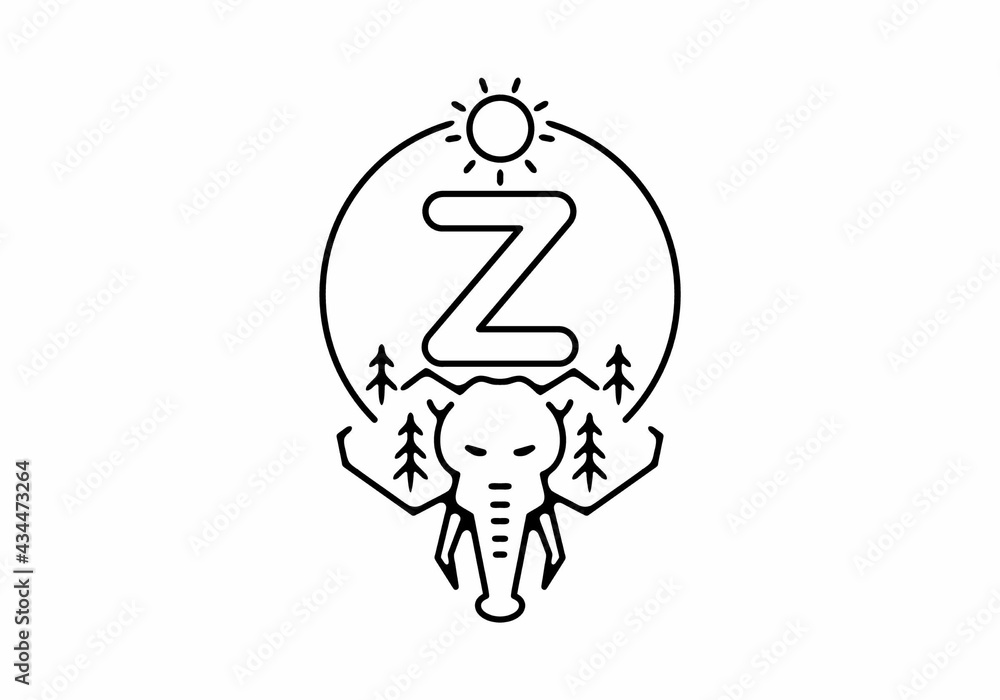 Fototapeta premium Black line art illustration of elephant head with Z initial letter