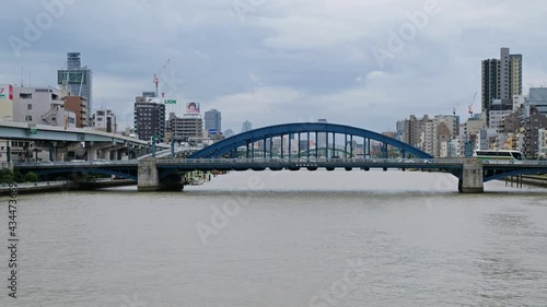 Video of blue tied-arch Komagata bridge over Sumida River connecting Komagata with Higashi-komagata.Tokyo. Japan photo