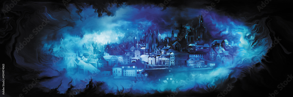 Obraz premium Fantasy vision city banner/Illustration horizontal banner with a dream of a fantasy town