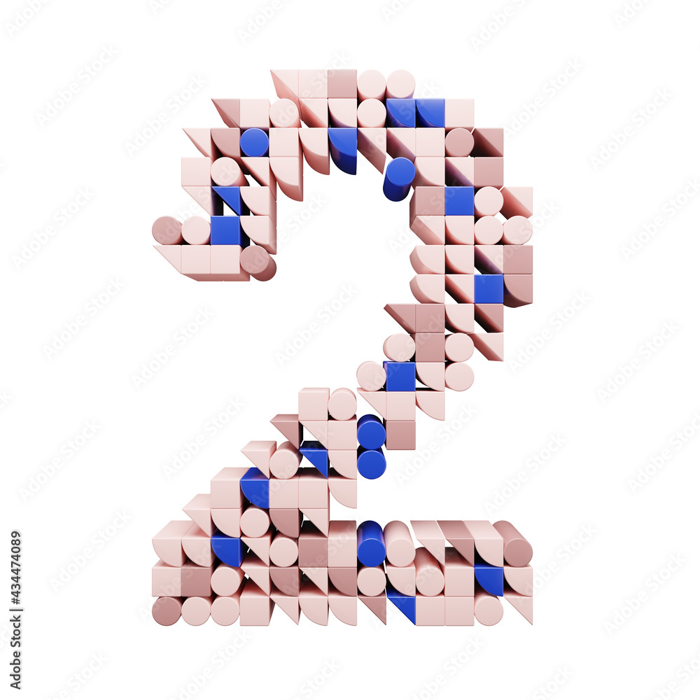 Colored geometric block digit 2. 3d render of alphabet.
