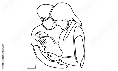 Continue line of mom and dad hugging their son vector illustration