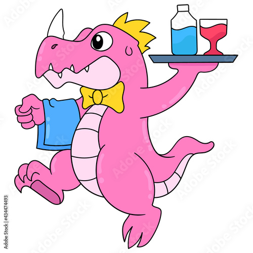 Dinosaur servants are away with drinks to serve, doodle icon image kawaii