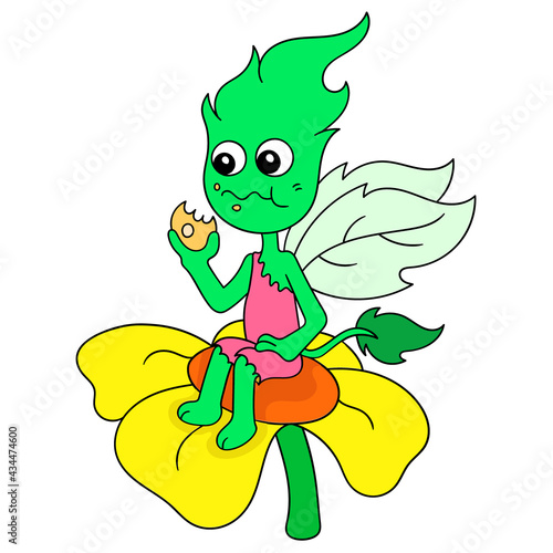 the fairy monster was eating a snack on a large sunflower, doodle icon image kawaii