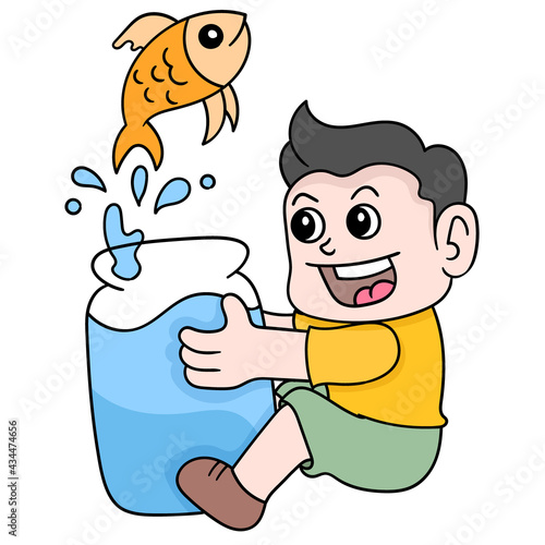 boy is playing with his pet fish in the aquarium, doodle icon image kawaii