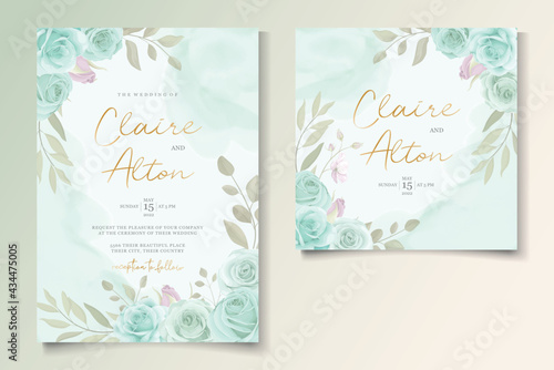 Elegant wedding invitation template with turquoise color floral ornament