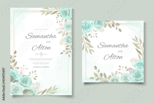 Elegant wedding invitation template with turquoise color floral ornament