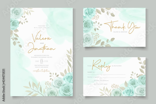 Elegant wedding invitation template with turquoise color floral ornament