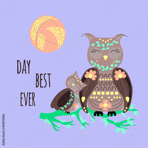 Set of cute owls, branch, cartoon sun. Day best ever slogan. Lines, doodle, minimalism,. Vector illustration isolated with slogan, print on clothing, textiles, postcards and other.

