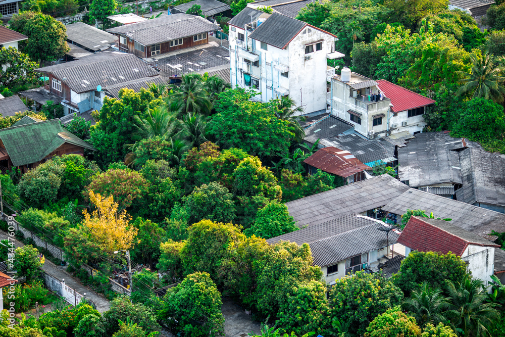 Background of high-rise buildings in the heart of the city,Bangkok, with a variety of traffic both water and land, easy to connect many routes