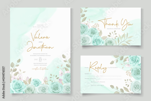 Elegant wedding invitation template with turquoise color floral ornament