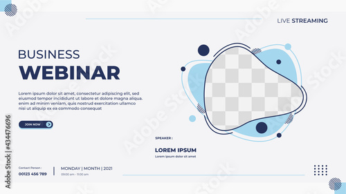 Business webinar banner template for website with liquid frame and geometric shape concept
