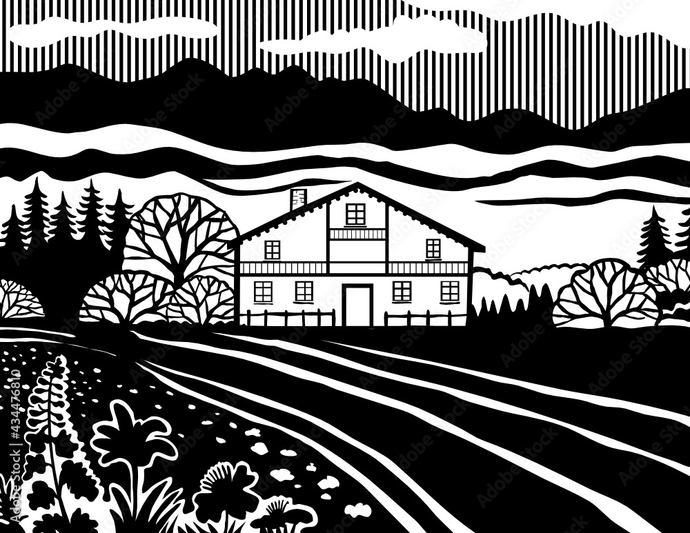 Stencil illustration of a Swiss chalet style house in the meadows of ...