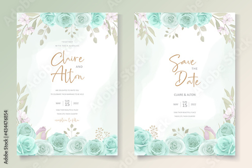 Elegant wedding invitation template with turquoise color floral ornament