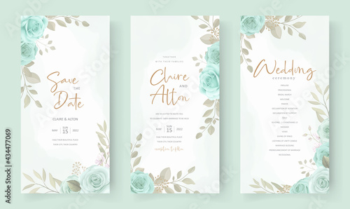 Elegant wedding invitation template with turquoise color floral ornament