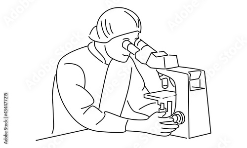 Laboratory assistant looking through microscope, scientists in medical laboratory vector illustration