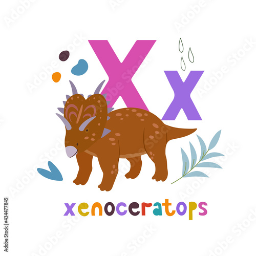 Xenoceratops. Cute cartoon hand drawn illustration with dinosaur and X letter. photo