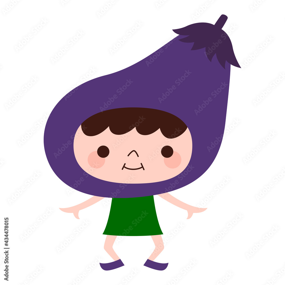 茄子のキャラクター 夏野菜のナスの被り物をして楽しそうに踊っている子どものイラスト Stock Vector Adobe Stock