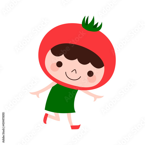 トマトのキャラクター。夏野菜のトマトの被り物をして楽しそうに踊っている子どものイラスト。