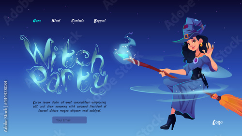 Foto Witch party cartoon landing page, beautiful woman in magician hat an dress flying on broom in night sky