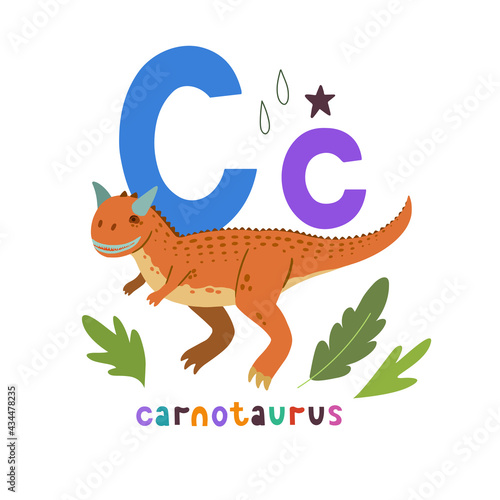Carnotaurus. Cute cartoon hand drawn illustration with dinosaur and C letter.